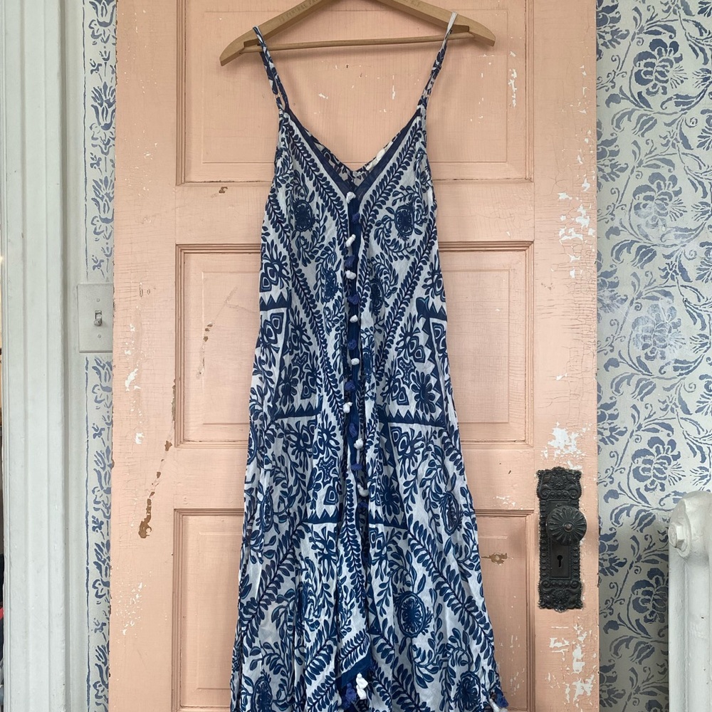 Blue and white tasseled beach coverup